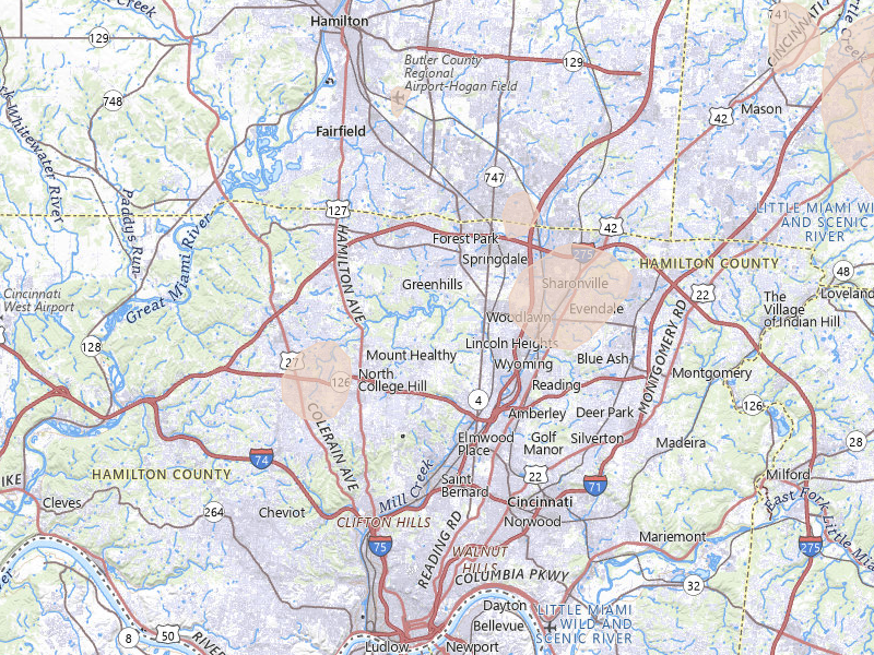 Radar-estimated hail-size map of the storm over Cincinnati, OH on Aug 11, 2026