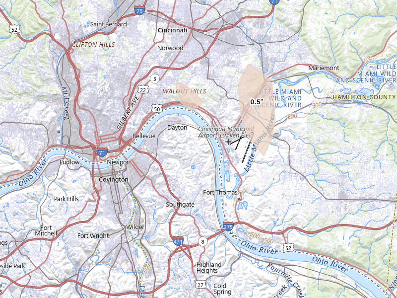 Radar-estimated hail-size map of the storm over Cincinnati, OH on Sep 4, 2026