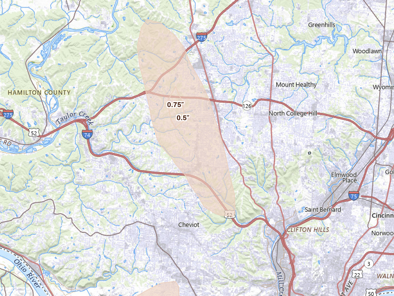 Radar-estimated hail size over Cincinnati, OH on Sep 5, 2026