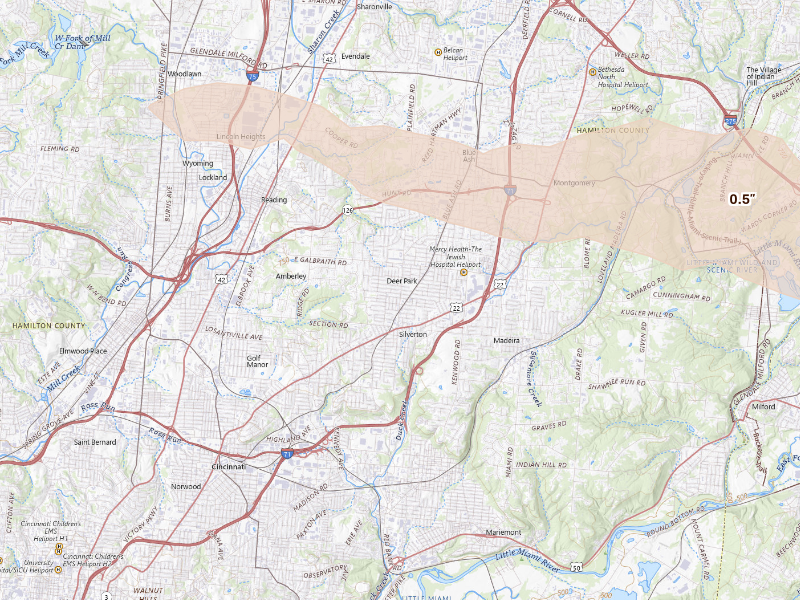 Radar-estimated hail-size map of the storm over Cincinnati, OH