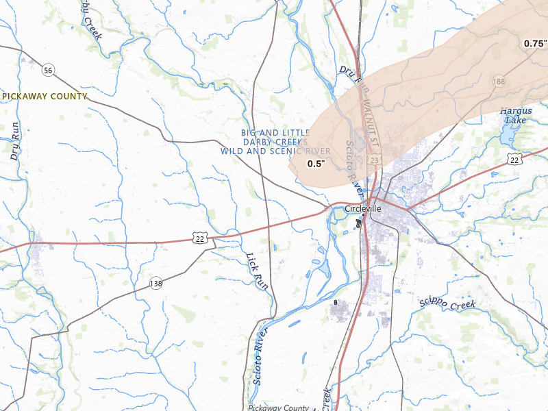 Radar-estimated hail-size map of the storm over Circleville, OH on Mar 7, 2026