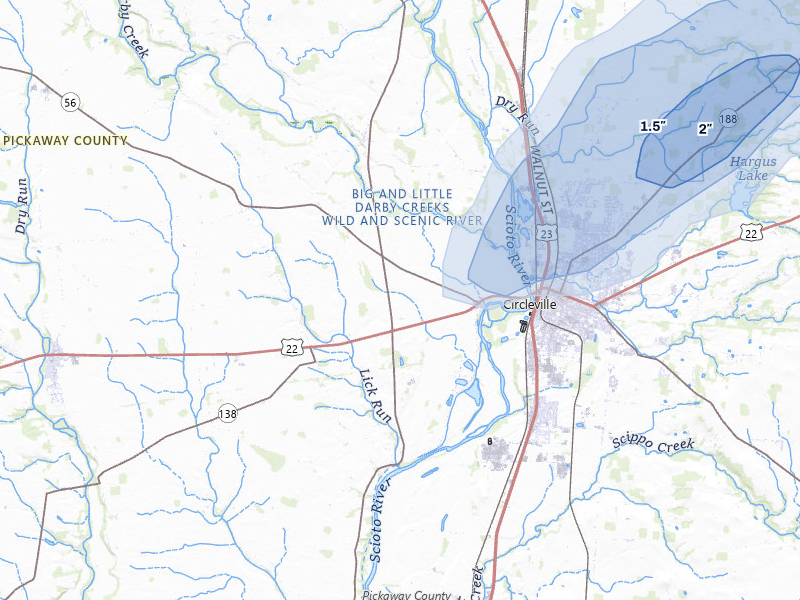 NEXRAD radar-signature map of the hail storm over Circleville, OH on Mar 7, 2026