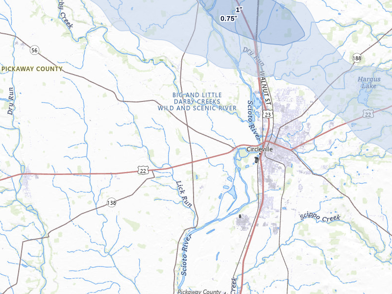 NEXRAD radar-signature map of the hail storm over Circleville, OH on Mar 22, 2026