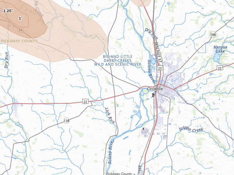 Radar-estimated hail-size map of the storm over Circleville, OH on Jun 6, 2026