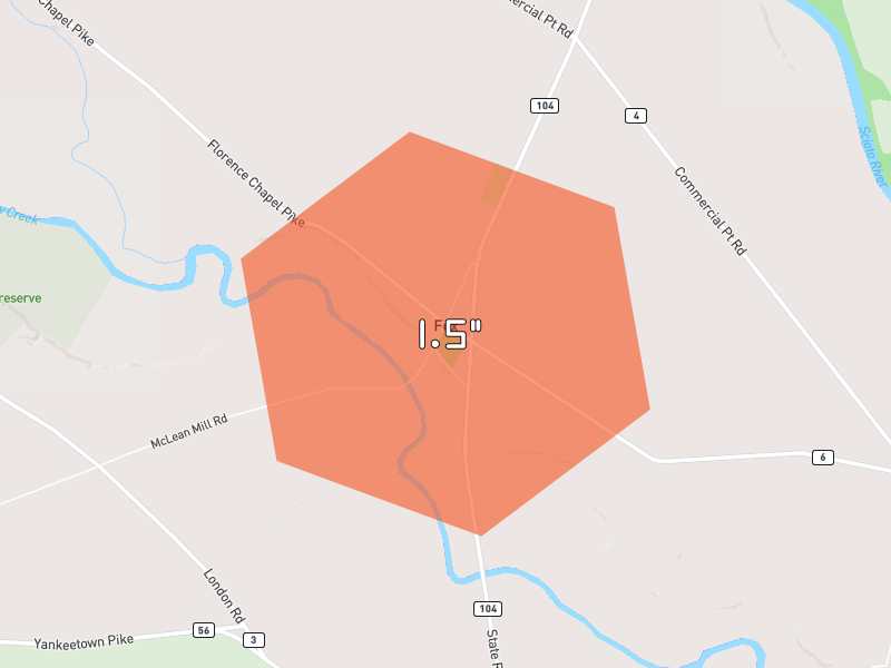 Hail map of Circleville, OH on Jun 6, 2026, hail up to 1.5"