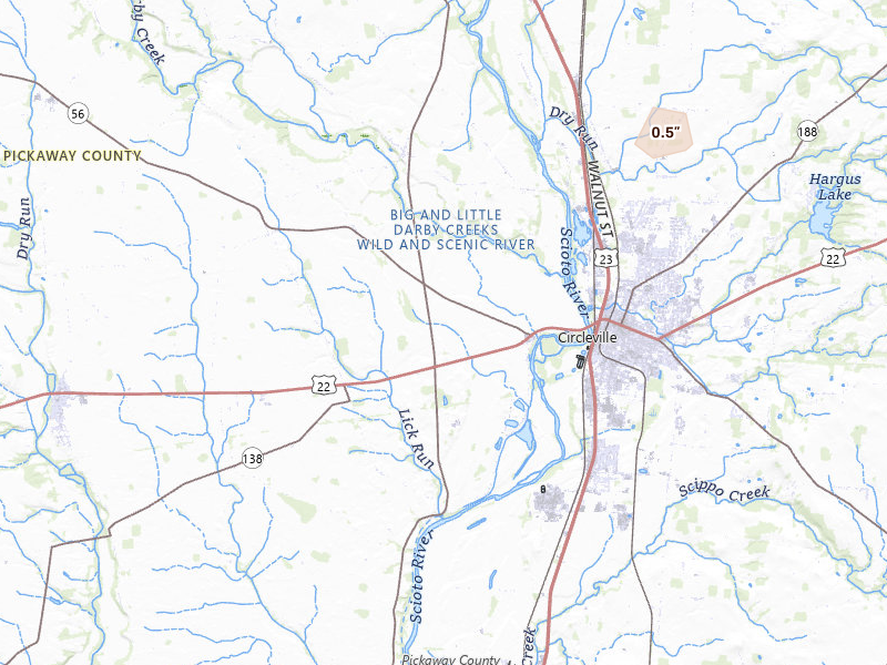 Radar-estimated hail-size map of the storm over Circleville, OH on Jul 21, 2026