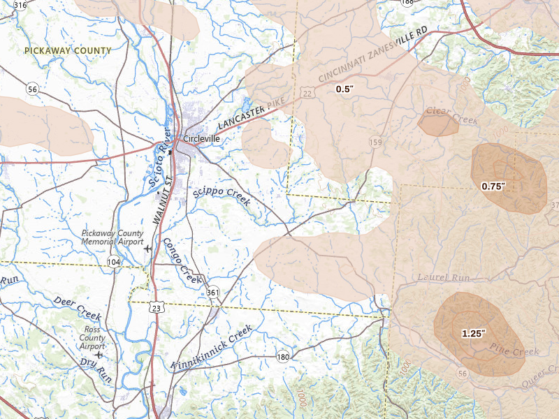 Radar-estimated hail-size map of the storm over Circleville, OH on Aug 10, 2026