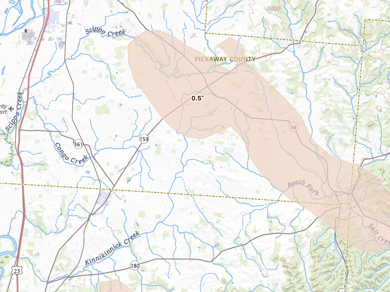 Radar-estimated hail-size map of the storm over Circleville, OH on Aug 11, 2026
