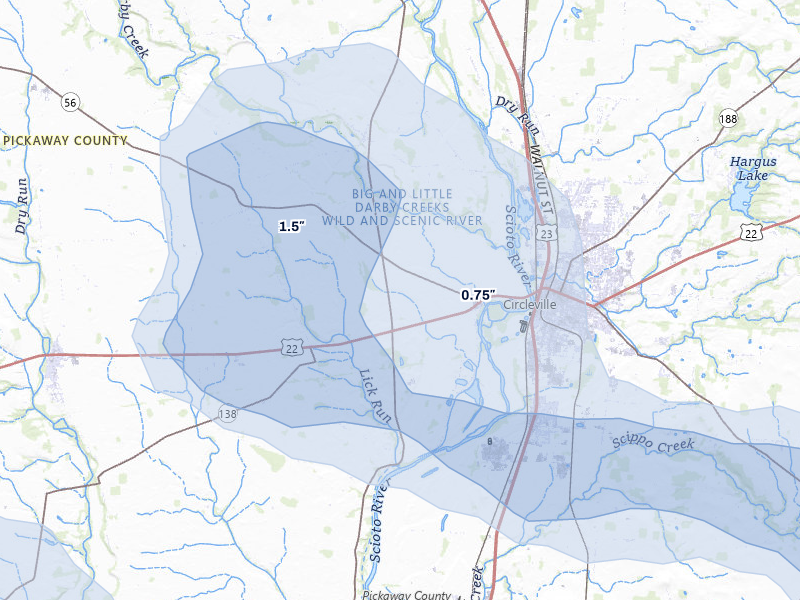 NEXRAD radar-signature map of the hail storm over Circleville, OH on Aug 11, 2026