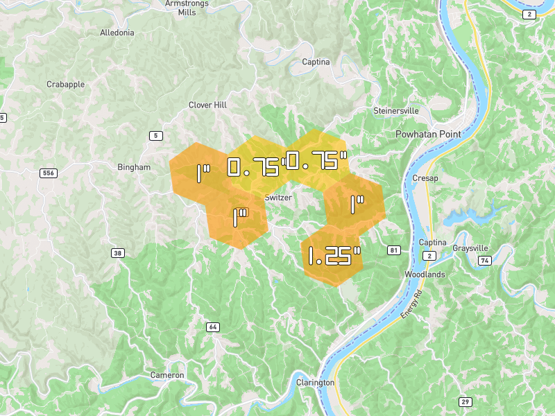 Hail map of Clarington, OH on Jun 6, 2026, hail up to 1.25"