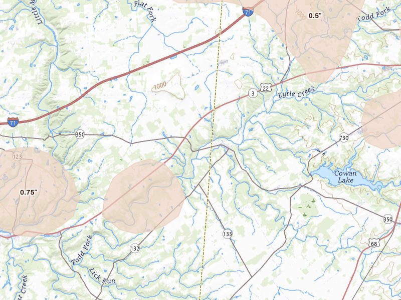 Radar-estimated hail-size map of the storm over Clarksville, OH on Jul 21, 2026
