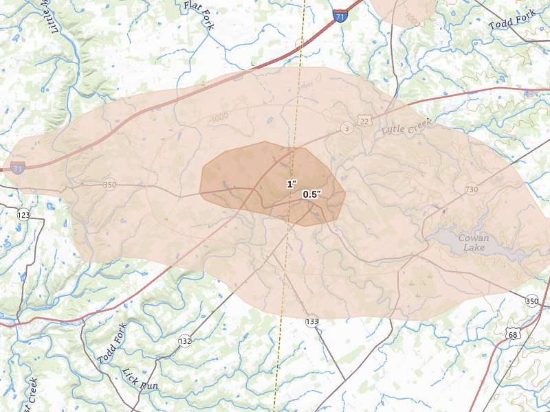 Radar-estimated hail-size map of the storm over Clarksville, OH on Aug 22, 2026