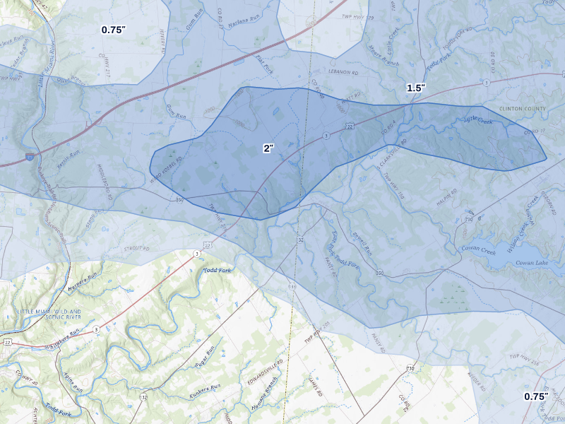 NEXRAD radar-signature map of the hail storm over Clarksville, OH on Aug 22, 2026