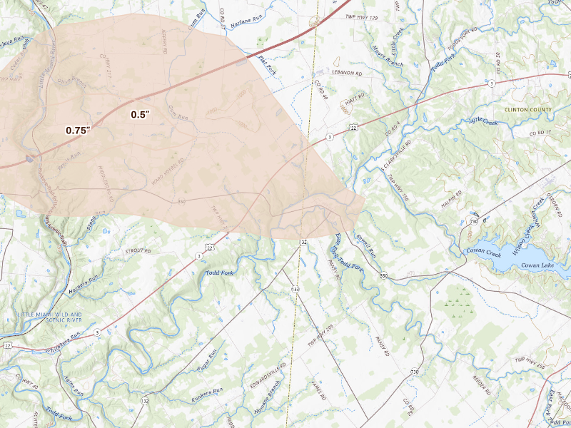 Radar-estimated hail-size map of the storm over Clarksville, OH