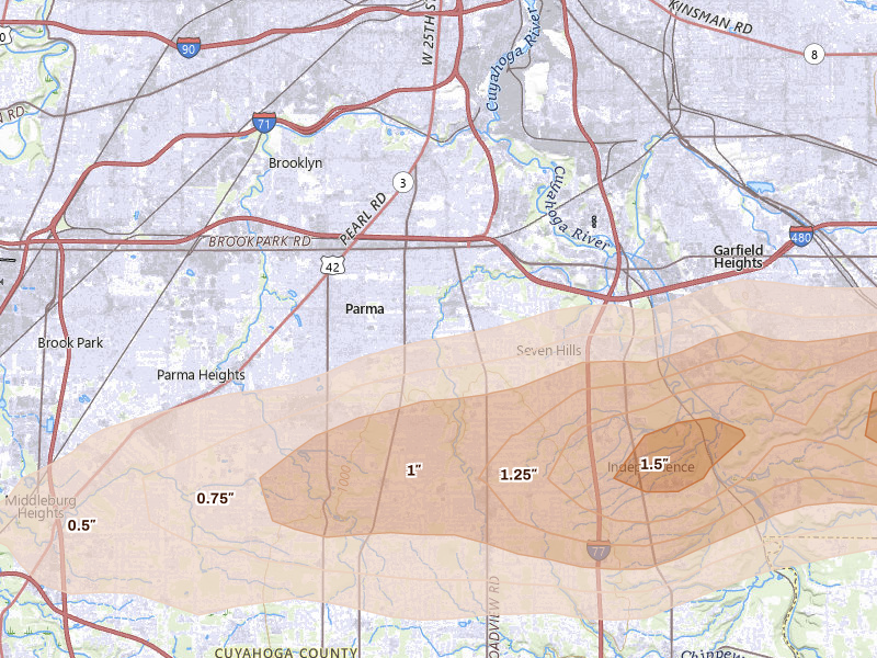 Radar-estimated hail-size map of the storm over Cleveland, OH on Apr 15, 2026