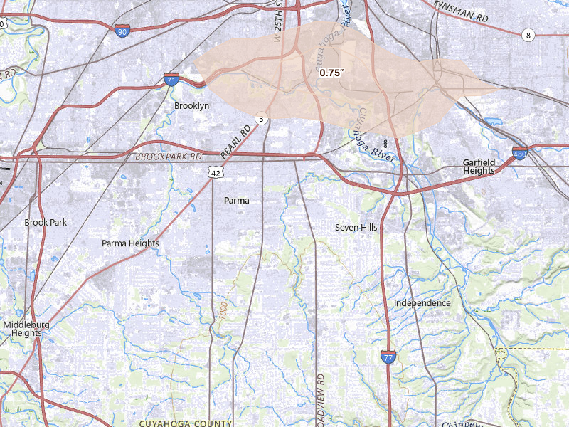 Radar-estimated hail-size map of the storm over Cleveland, OH on Jun 25, 2026