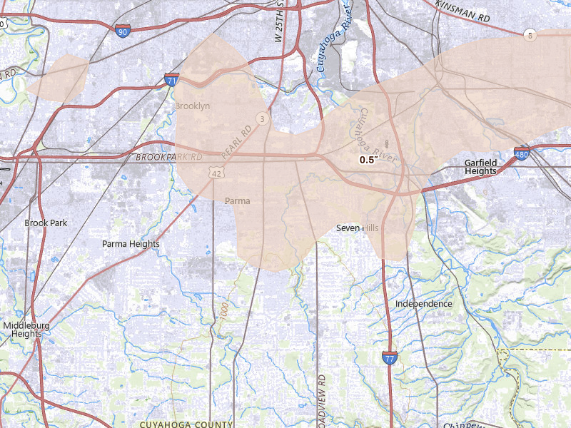 Radar-estimated hail-size map of the storm over Cleveland, OH on Aug 22, 2026