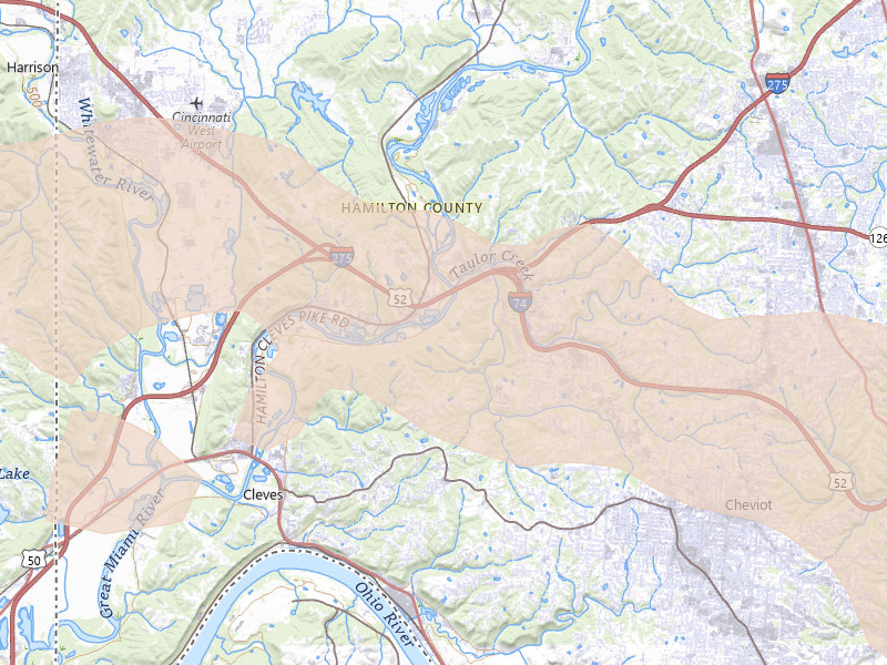 Radar-estimated hail-size map of the storm over Cleves, OH on Jul 21, 2026