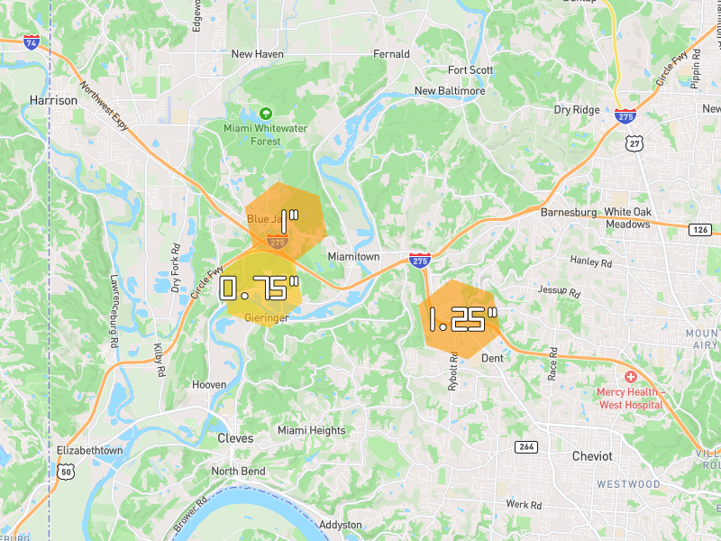 Hail map of Cleves, OH on Jul 21, 2026, hail up to 1.25"