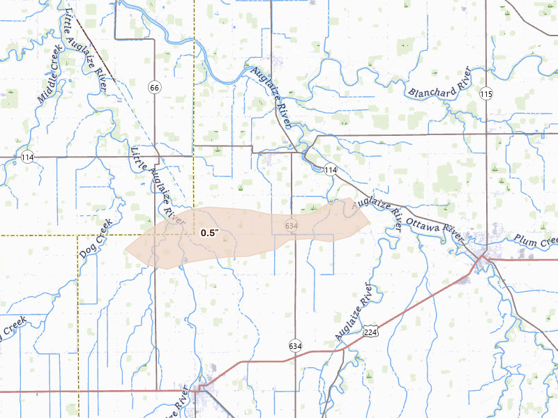 Radar-estimated hail-size map of the storm over Cloverdale, OH on Jun 6, 2026