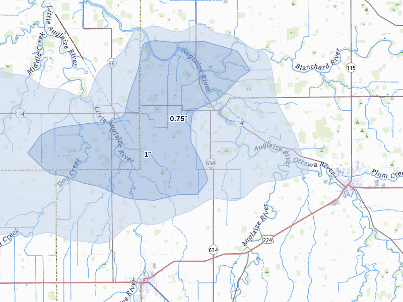 NEXRAD radar-signature map of the hail over Cloverdale, OH