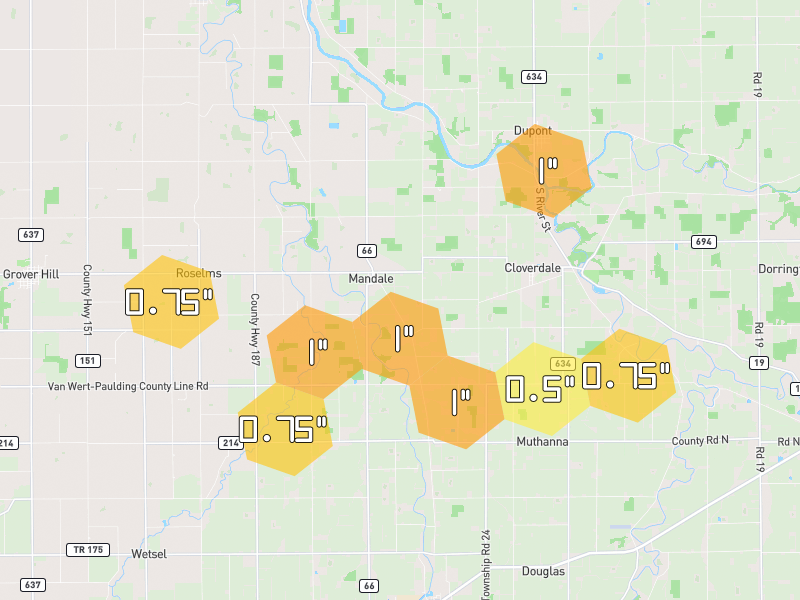 Hail map of Cloverdale, OH on Jun 6, 2026, hail up to 1"