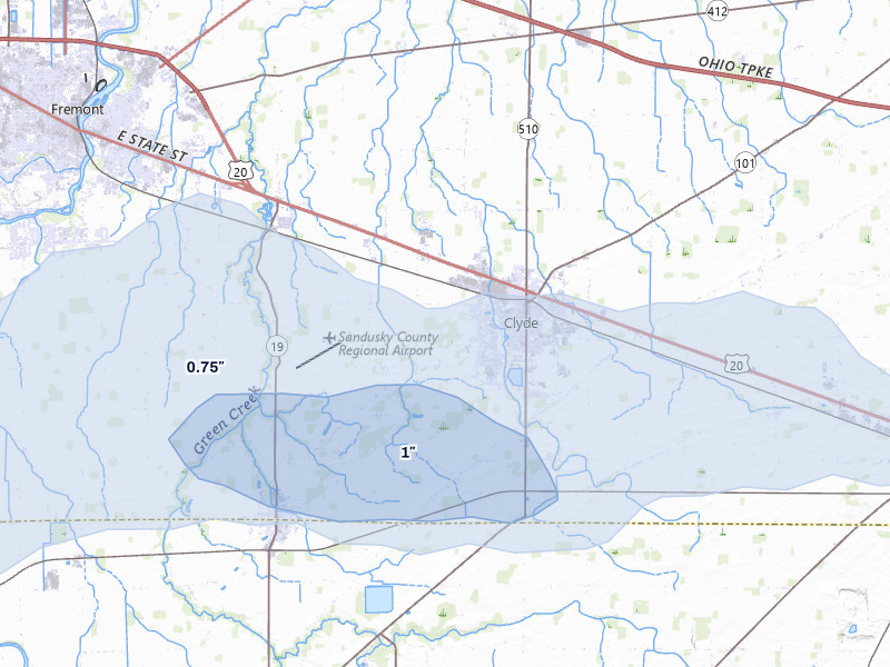 NEXRAD radar-signature map of the hail over Clyde, OH