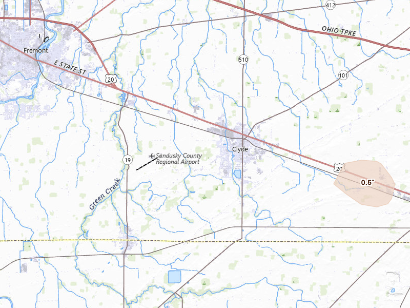 Radar-estimated hail-size map of the storm over Clyde, OH on Jul 10, 2026