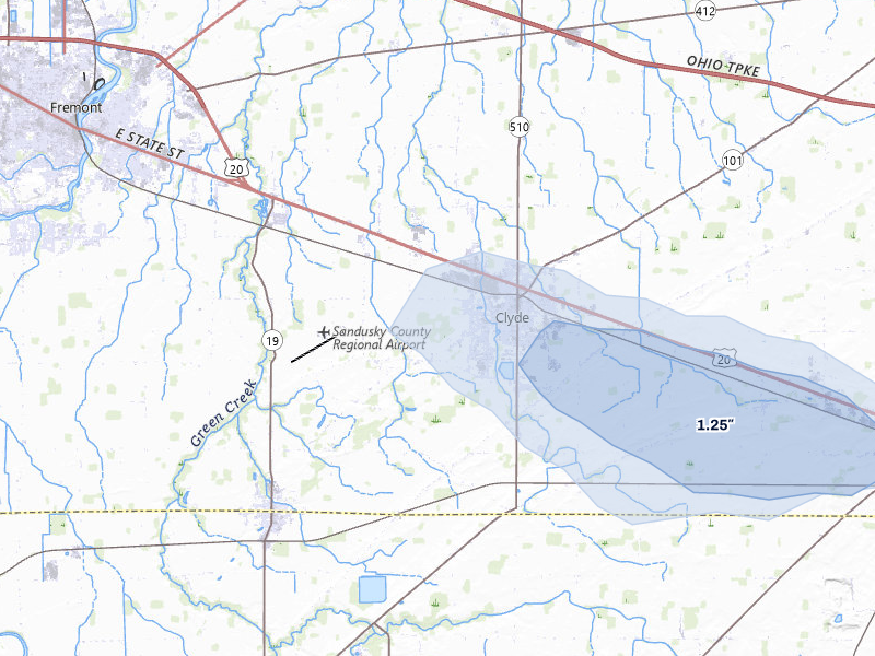 NEXRAD radar-signature map of the hail storm over Clyde, OH on Jul 10, 2026