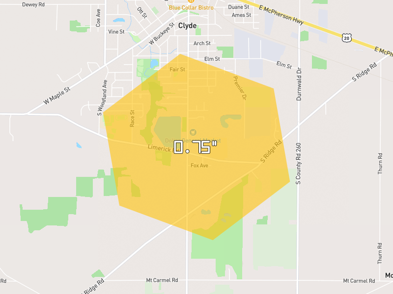 Hail map of Clyde, OH on Jul 10, 2026, hail up to 0.75"