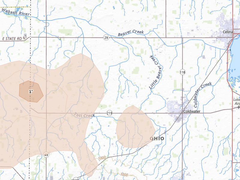 Radar-estimated hail-size map of the storm over Coldwater, OH on Mar 22, 2026