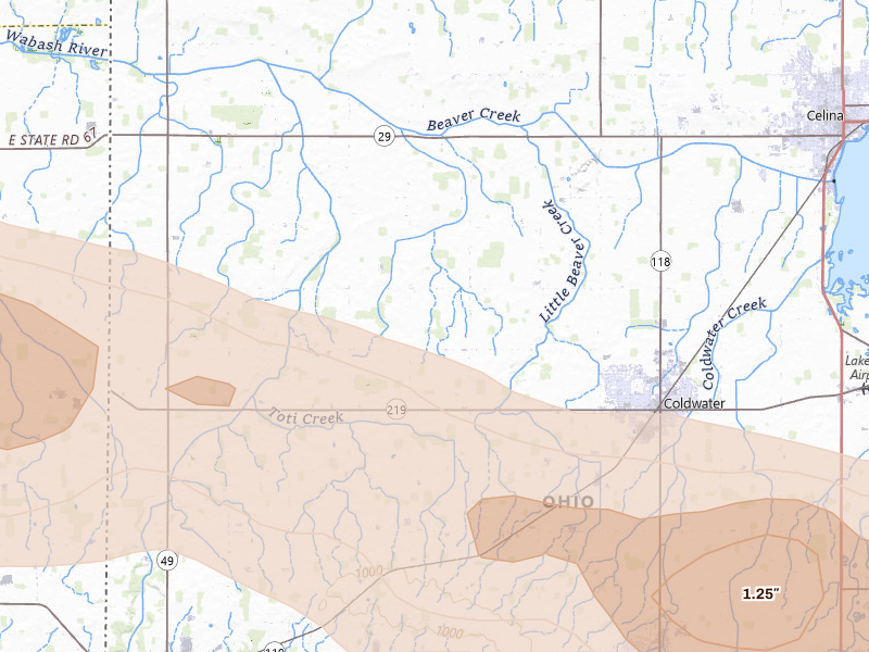 Radar-estimated hail-size map of the storm over Coldwater, OH on Mar 26, 2026