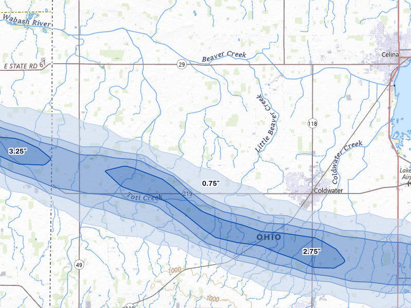 NEXRAD radar-signature map of the hail over Coldwater, OH