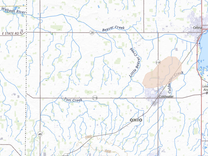 Radar-estimated hail-size map of the storm over Coldwater, OH on Jul 3, 2026