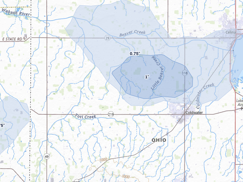 NEXRAD radar-signature map of the hail over Coldwater, OH