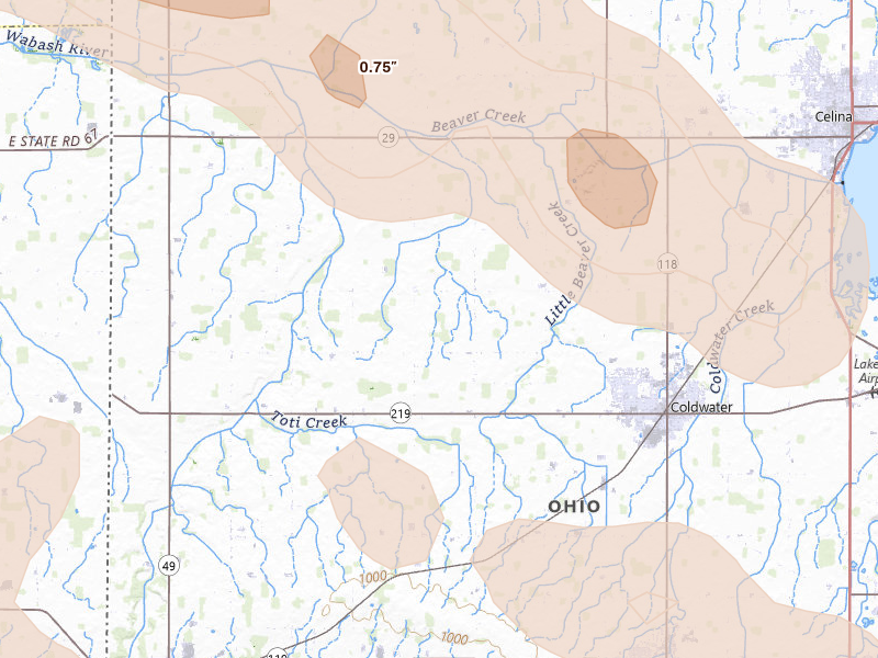 Radar-estimated hail-size map of the storm over Coldwater, OH on Aug 11, 2026