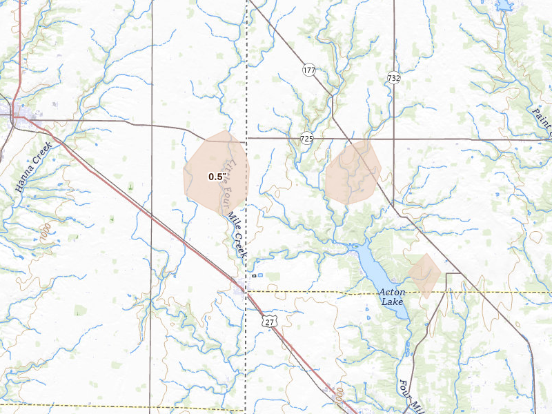 Radar-estimated hail-size map of the storm over College Corner, OH on Aug 11, 2026