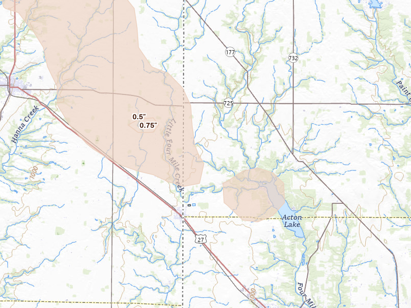 Radar-estimated hail-size map of the storm over College Corner, OH on Aug 13, 2026