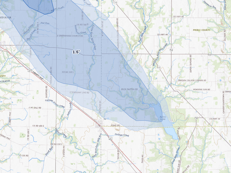 NEXRAD radar-signature map of the hail storm over College Corner, OH on Aug 13, 2026