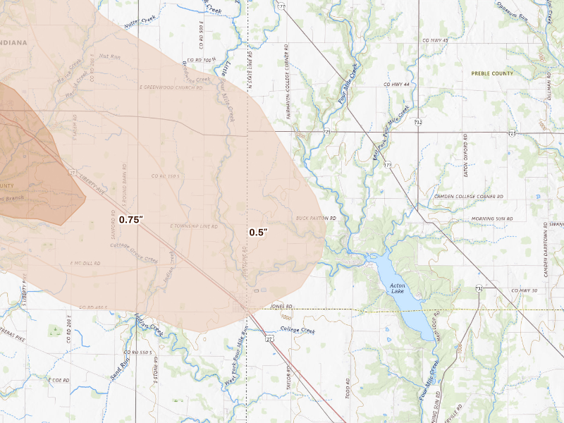 Radar-estimated hail-size map of the storm over College Corner, OH