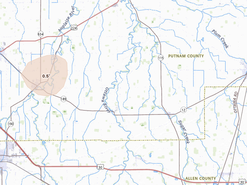 Radar-estimated hail-size map of the storm over Columbus Grove, OH on Jul 3, 2026