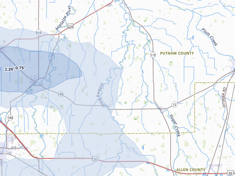 NEXRAD radar-signature map of the hail storm over Columbus Grove, OH on Jul 3, 2026