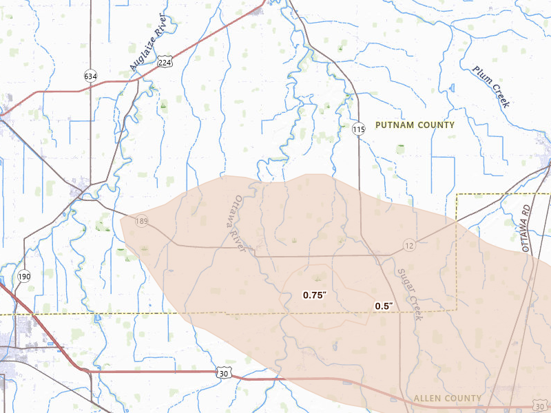 Radar-estimated hail-size map of the storm over Columbus Grove, OH on Aug 11, 2026