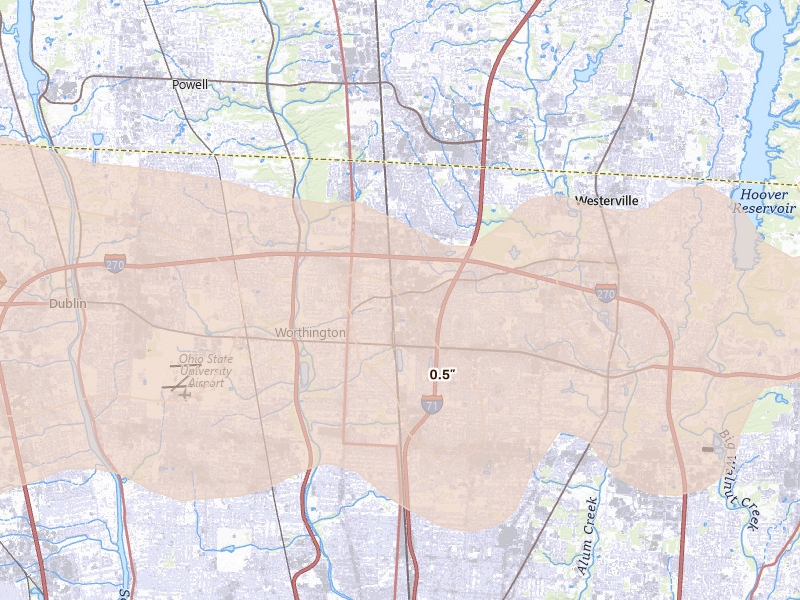 Radar-estimated hail-size map of the storm over Columbus, OH on Mar 22, 2026