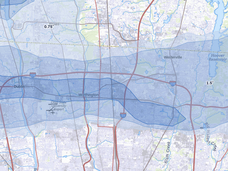 NEXRAD radar-signature map of the hail storm over Columbus, OH on Mar 22, 2026