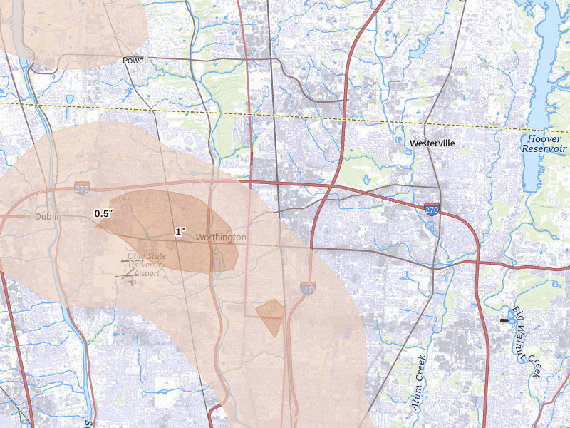 Radar-estimated hail-size map of the storm over Columbus, OH on Apr 22, 2026