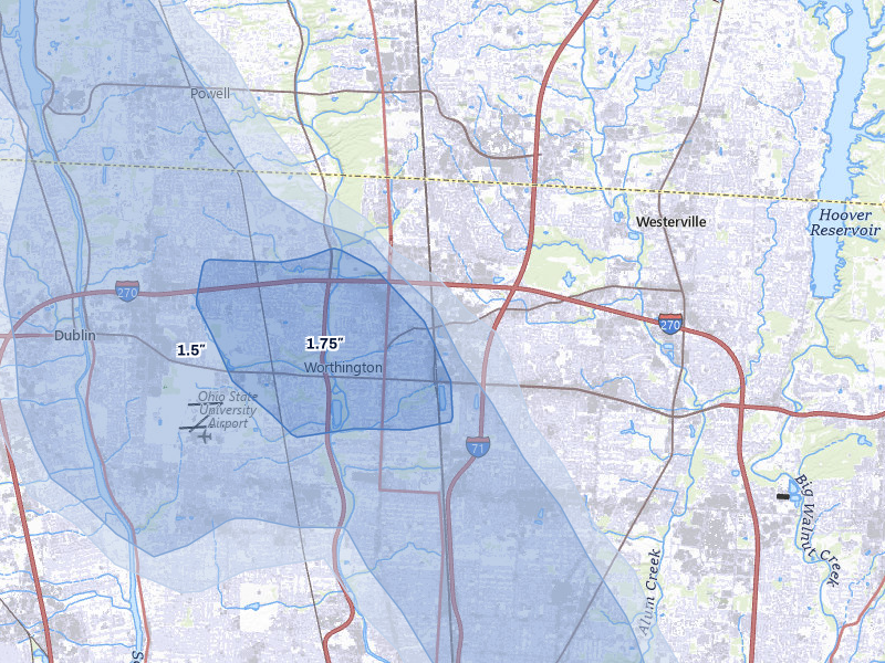 NEXRAD radar-signature map of the hail storm over Columbus, OH on Apr 22, 2026