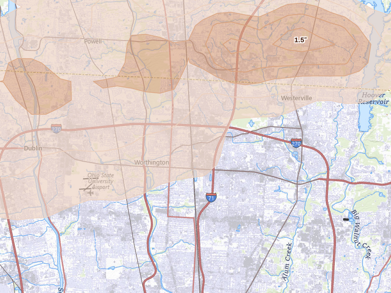 Radar-estimated hail-size map of the storm over Columbus, OH on Jun 6, 2026