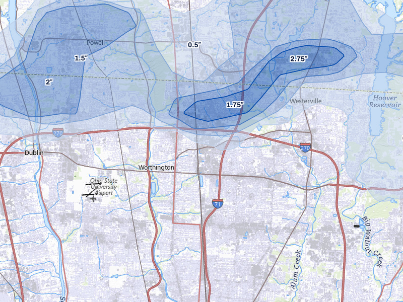 NEXRAD radar-signature map of the hail storm over Columbus, OH on Jun 6, 2026