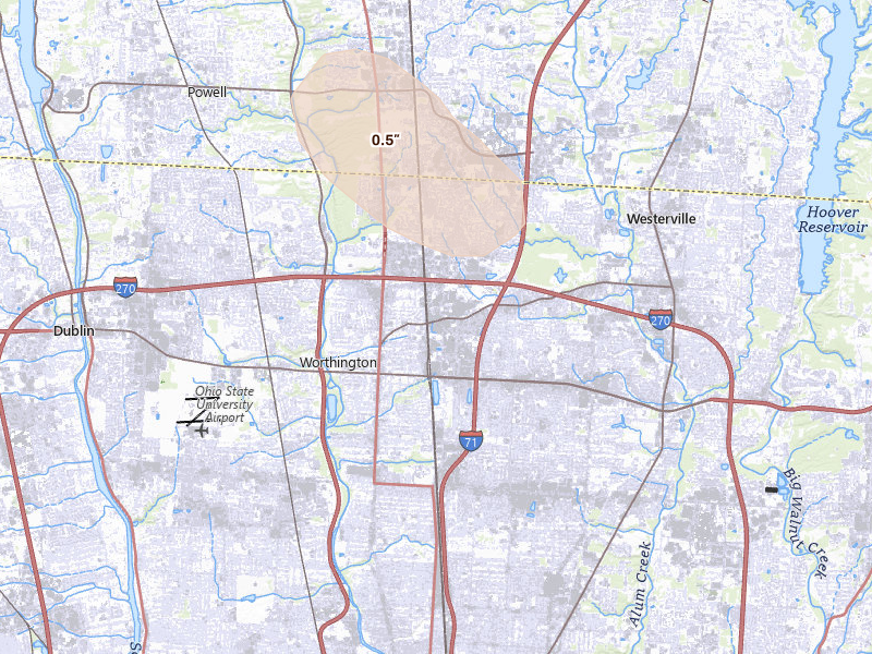 Radar-estimated hail-size map of the storm over Columbus, OH on Jul 10, 2026